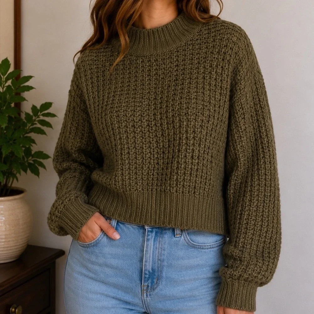 Poof Waffle Knit Sweater M Olive Mock Neck Chunky Cottagecore Cozy Pullover